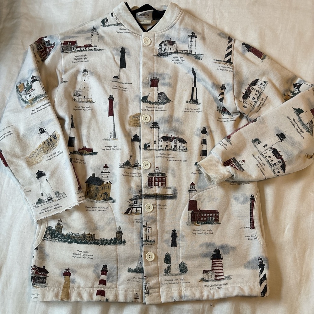 90s Coastal Grandma Lighthouse Print Sweater Art Unlimited M Made in USA